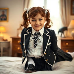 A portrait of a European girl in a charming bedroom, featuring brown hair styled in pigtails adorned with white bows