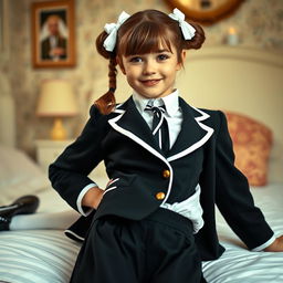 A portrait of a European girl in a charming bedroom, featuring brown hair styled in pigtails adorned with white bows