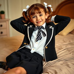 A portrait of a European girl in a charming bedroom, featuring brown hair styled in pigtails adorned with white bows