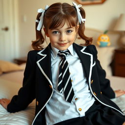 A portrait of a European girl in a charming bedroom, featuring brown hair styled in pigtails adorned with white bows