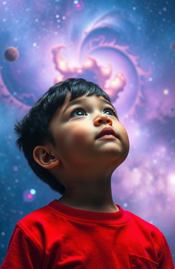 A child with short black hair wearing a bright red shirt, looking up with wonder at a stunning galaxy filled with vibrant stars and swirling nebulae