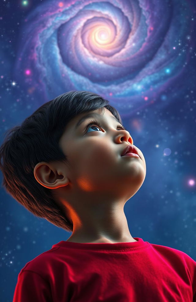 A child with short black hair wearing a bright red shirt, looking up with wonder at a stunning galaxy filled with vibrant stars and swirling nebulae