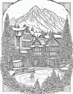 Colouring page of a detailed winter village scene with decorated Christmas tree in the square, houses of various architectural styles, snow-capped mountains, pine trees, a frozen lake with skaters and a sky filled with unique snowflakes