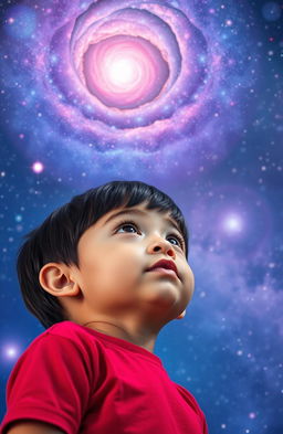 A child with short black hair wearing a bright red shirt, looking up with wonder at a stunning galaxy filled with vibrant stars and swirling nebulae