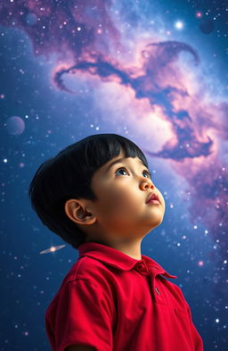 A child with short black hair wearing a bright red shirt, looking up with wonder at a stunning galaxy filled with vibrant stars and swirling nebulae