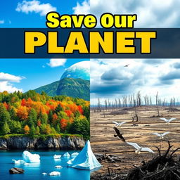 A powerful and engaging climate change poster featuring a vivid landscape divided into two halves