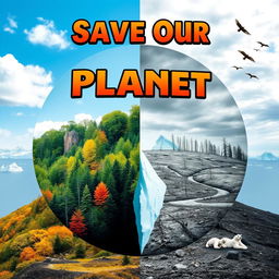 A powerful and engaging climate change poster featuring a vivid landscape divided into two halves