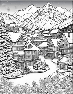 Colouring page of a detailed winter village scene with decorated Christmas tree in the square, houses of various architectural styles, snow-capped mountains, pine trees, a frozen lake with skaters and a sky filled with unique snowflakes