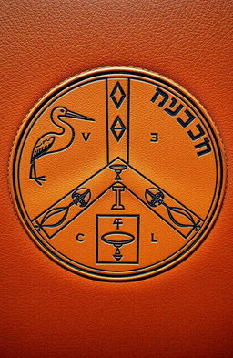 A circular design divided into three equal parts, inspired by a peace symbol, touching the four edges of a soft leather background