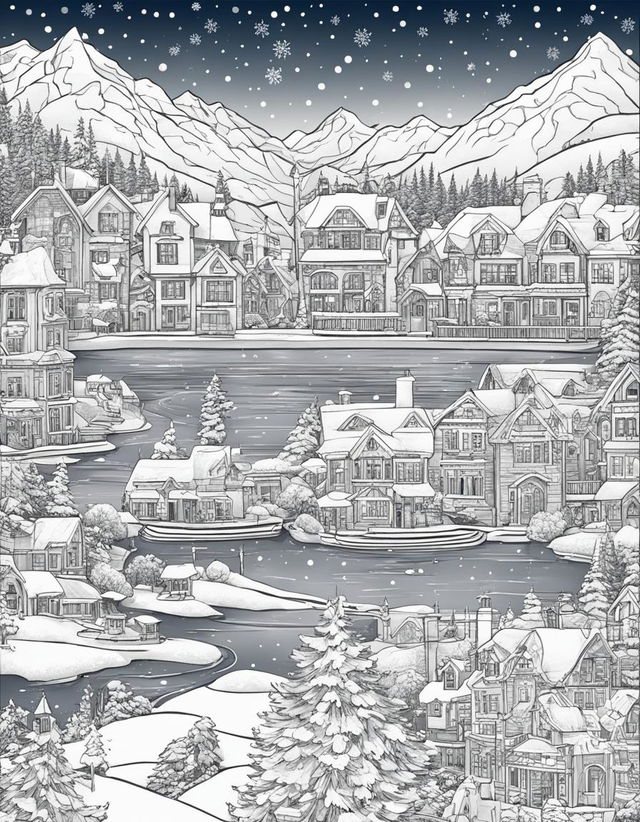 Colouring page of a detailed winter village scene with decorated Christmas tree in the square, houses of various architectural styles, snow-capped mountains, pine trees, a frozen lake with skaters and a sky filled with unique snowflakes