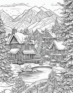 Colouring page of a detailed winter village scene with decorated Christmas tree in the square, houses of various architectural styles, snow-capped mountains, pine trees, a frozen lake with skaters and a sky filled with unique snowflakes