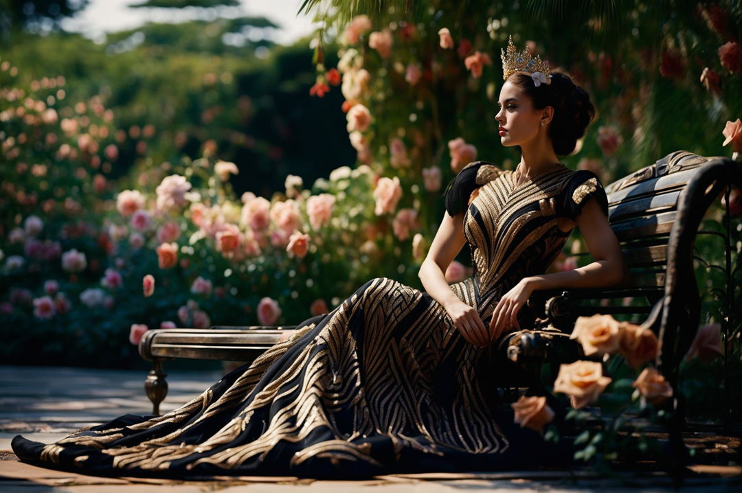 A princess in a black and golden Caroline cage dress, captured in a 200mm photography, sits on a bench in a blooming garden, surrounded by an array of vibrant flowers and towering trees