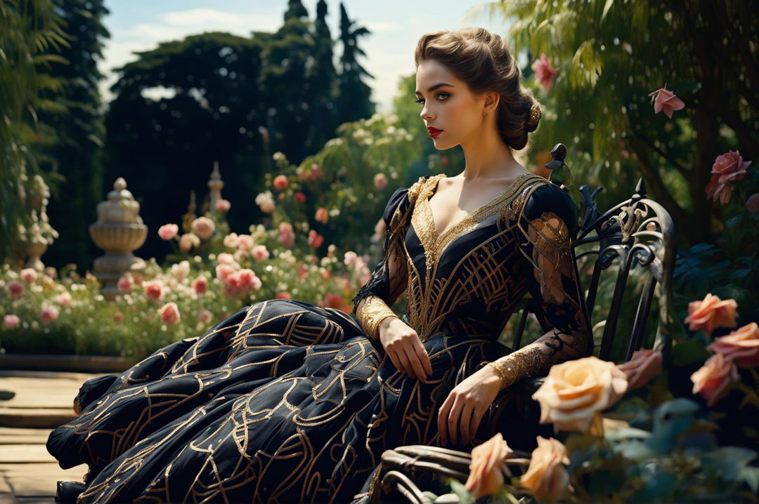 A princess in a black and golden Caroline cage dress, captured in a 200mm photography, sits on a bench in a blooming garden, surrounded by an array of vibrant flowers, towering trees, a strutting peacock and a softly burbling stone fountain