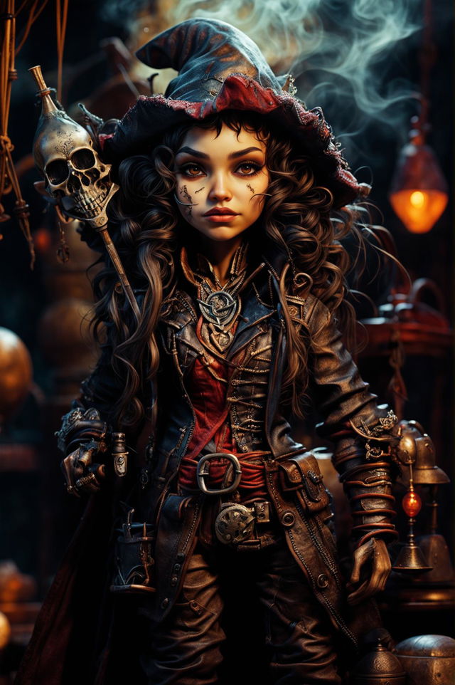 A realistic photograph of a female gnome necromancer with black hair and dark eyes in a rogue pirate outfit.