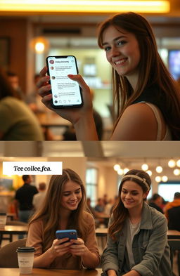 A young woman in her late teens, sitting in a cozy café, smiling playfully at her phone as she creates an anonymous tea account for her school