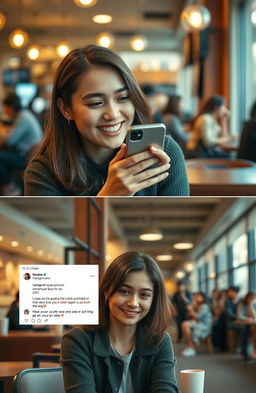 A young woman in her late teens, sitting in a cozy café, smiling playfully at her phone as she creates an anonymous tea account for her school