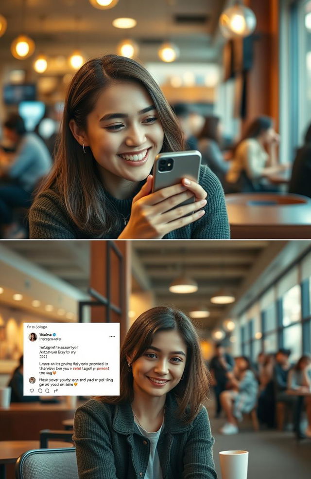 A young woman in her late teens, sitting in a cozy café, smiling playfully at her phone as she creates an anonymous tea account for her school