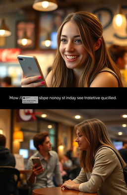 A young woman in her late teens, sitting in a cozy café, smiling playfully at her phone as she creates an anonymous tea account for her school