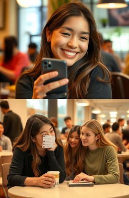 A young woman in her late teens, sitting in a cozy café, smiling playfully at her phone as she creates an anonymous tea account for her school