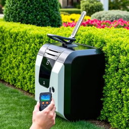 A square-shaped intelligent machine designed for gardening, specifically featuring a hedge trimmer for cutting hedges