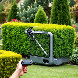 A square-shaped intelligent machine designed for gardening, specifically featuring a hedge trimmer for cutting hedges