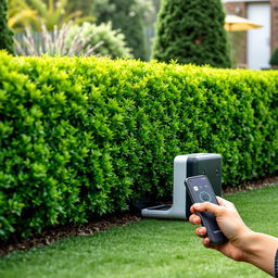 A square-shaped intelligent machine designed for gardening, specifically featuring a hedge trimmer for cutting hedges