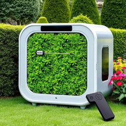 A square-shaped intelligent machine designed for gardening, specifically featuring a hedge trimmer for cutting hedges