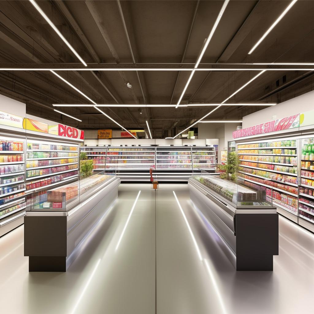 A modern, spacious superstore that is 26 feet deep and 13 feet wide. The store features 2 double-sided modern racks in the center, 2 cold drink refrigerators, an ice cream deep freezer, and a sleek L-shaped cash counter.