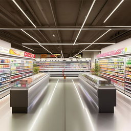 A modern, spacious superstore that is 26 feet deep and 13 feet wide. The store features 2 double-sided modern racks in the center, 2 cold drink refrigerators, an ice cream deep freezer, and a sleek L-shaped cash counter.