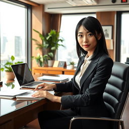 A stylish and elegant Japanese office scene featuring a beautiful female secretary dressed in sophisticated attire, with sleek black hair, sitting at her desk surrounded by paperwork and a laptop