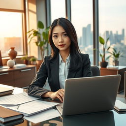 A stylish and elegant Japanese office scene featuring a beautiful female secretary dressed in sophisticated attire, with sleek black hair, sitting at her desk surrounded by paperwork and a laptop