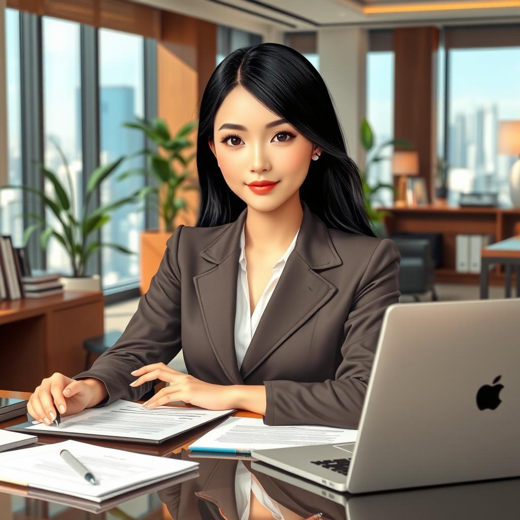 A stylish and elegant Japanese office scene featuring a beautiful female secretary dressed in sophisticated attire, with sleek black hair, sitting at her desk surrounded by paperwork and a laptop