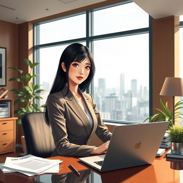 A stylish and elegant Japanese office scene featuring a beautiful female secretary dressed in sophisticated attire, with sleek black hair, sitting at her desk surrounded by paperwork and a laptop