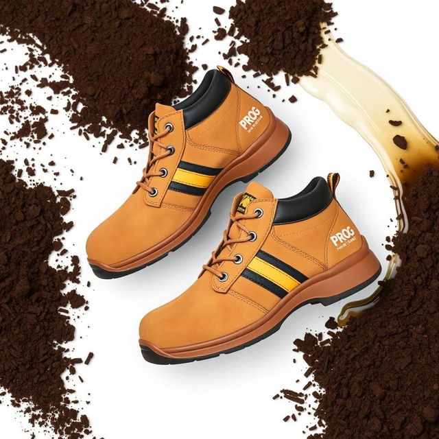 A pair of light brown suede safety shoes featuring a striking gold and black stripe with the word 'PROG' elegantly displayed