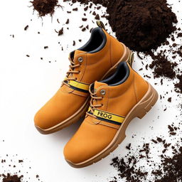 A pair of light brown suede safety shoes featuring a striking gold and black stripe with the word 'PROG' elegantly displayed
