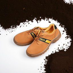 A pair of light brown suede safety shoes featuring a striking gold and black stripe with the word 'PROG' elegantly displayed