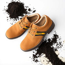 A pair of light brown suede safety shoes featuring a striking gold and black stripe with the word 'PROG' elegantly displayed
