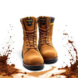 A pair of light brown suede safety boots featuring an elegant gold and black stripe with the word 'PROG' prominently displayed