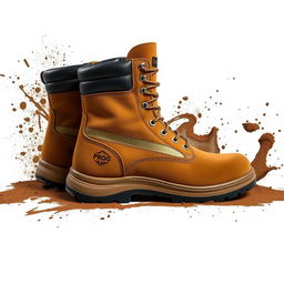 A pair of light brown suede safety boots featuring an elegant gold and black stripe with the word 'PROG' prominently displayed