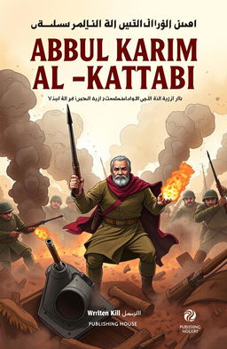 A illustrative cover design for a political book featuring the well-known character Abdul Karim Al-Khattabi in an intense battlefield scene, showcasing his courage and determination, surrounded by dramatic smoke and chaos of war