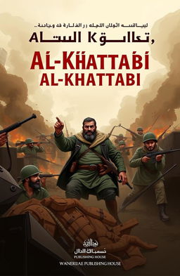 A illustrative cover design for a political book featuring the well-known character Abdul Karim Al-Khattabi in an intense battlefield scene, showcasing his courage and determination, surrounded by dramatic smoke and chaos of war