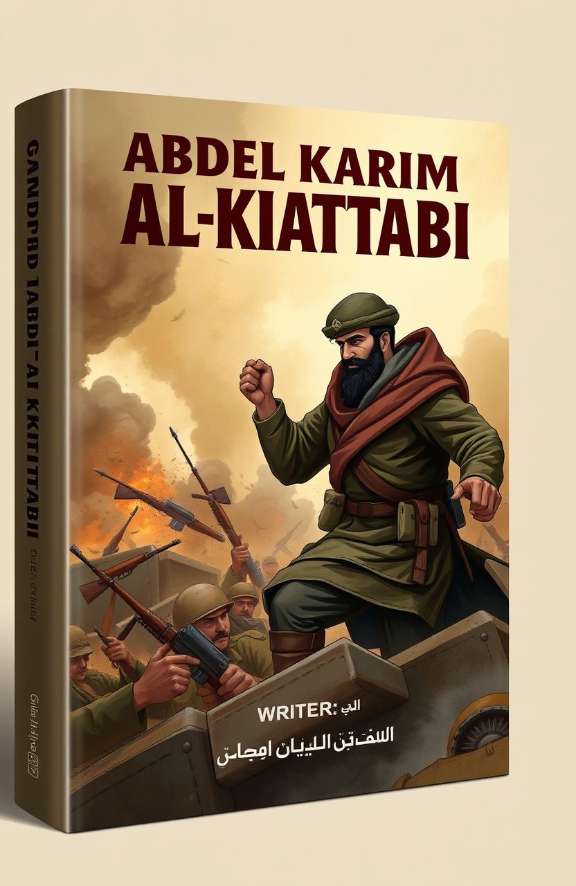 A illustrative cover design for a political book featuring the well-known character Abdul Karim Al-Khattabi in an intense battlefield scene, showcasing his courage and determination, surrounded by dramatic smoke and chaos of war