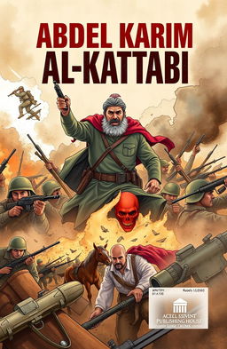A illustrative cover design for a political book featuring the well-known character Abdul Karim Al-Khattabi in an intense battlefield scene, showcasing his courage and determination, surrounded by dramatic smoke and chaos of war