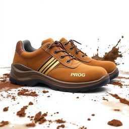 A pair of light brown suede safety shoes featuring a stylish gold and black stripe with the word 'PROG' prominently displayed on the side