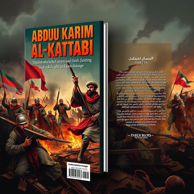 An artistic cover design for a political book featuring the iconic character Abdul Karim Al-Khattabi in a dramatic battlefield scenario, demonstrating his valor and fighting spirit amid turmoil