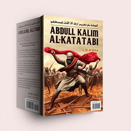 An artistic cover design for a political book featuring the iconic character Abdul Karim Al-Khattabi in a dramatic battlefield scenario, demonstrating his valor and fighting spirit amid turmoil