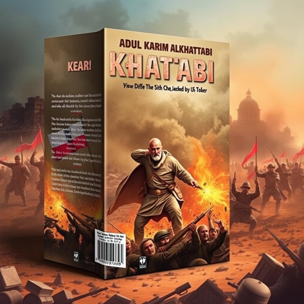 An artistic cover design for a political book featuring the iconic character Abdul Karim Al-Khattabi in a dramatic battlefield scenario, demonstrating his valor and fighting spirit amid turmoil