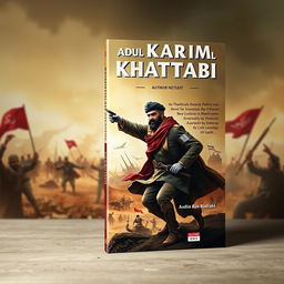 An artistic cover design for a political book featuring the iconic character Abdul Karim Al-Khattabi in a dramatic battlefield scenario, demonstrating his valor and fighting spirit amid turmoil