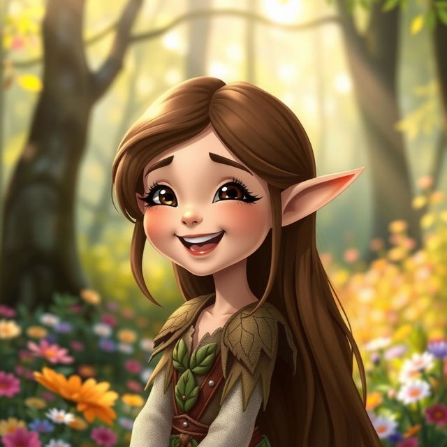 A cute female elf with chocolate brown eyes and long, flowing brown hair, laughing heartily