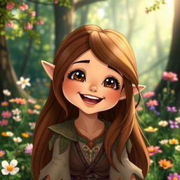 A cute female elf with chocolate brown eyes and long, flowing brown hair, laughing heartily